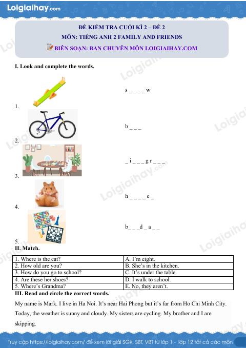 Đề thi học kì 2 Tiếng Anh 2 Family and Friends - Đề số 2